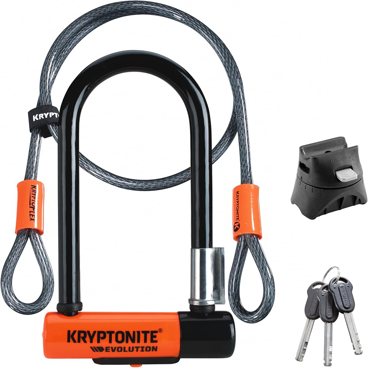 Fotografía técnica oficial de Kryptonite Evolution Mini 7 con 4' cable de lazo U-Lock Kripto Flex doble - Vista frontal con fondo blanco