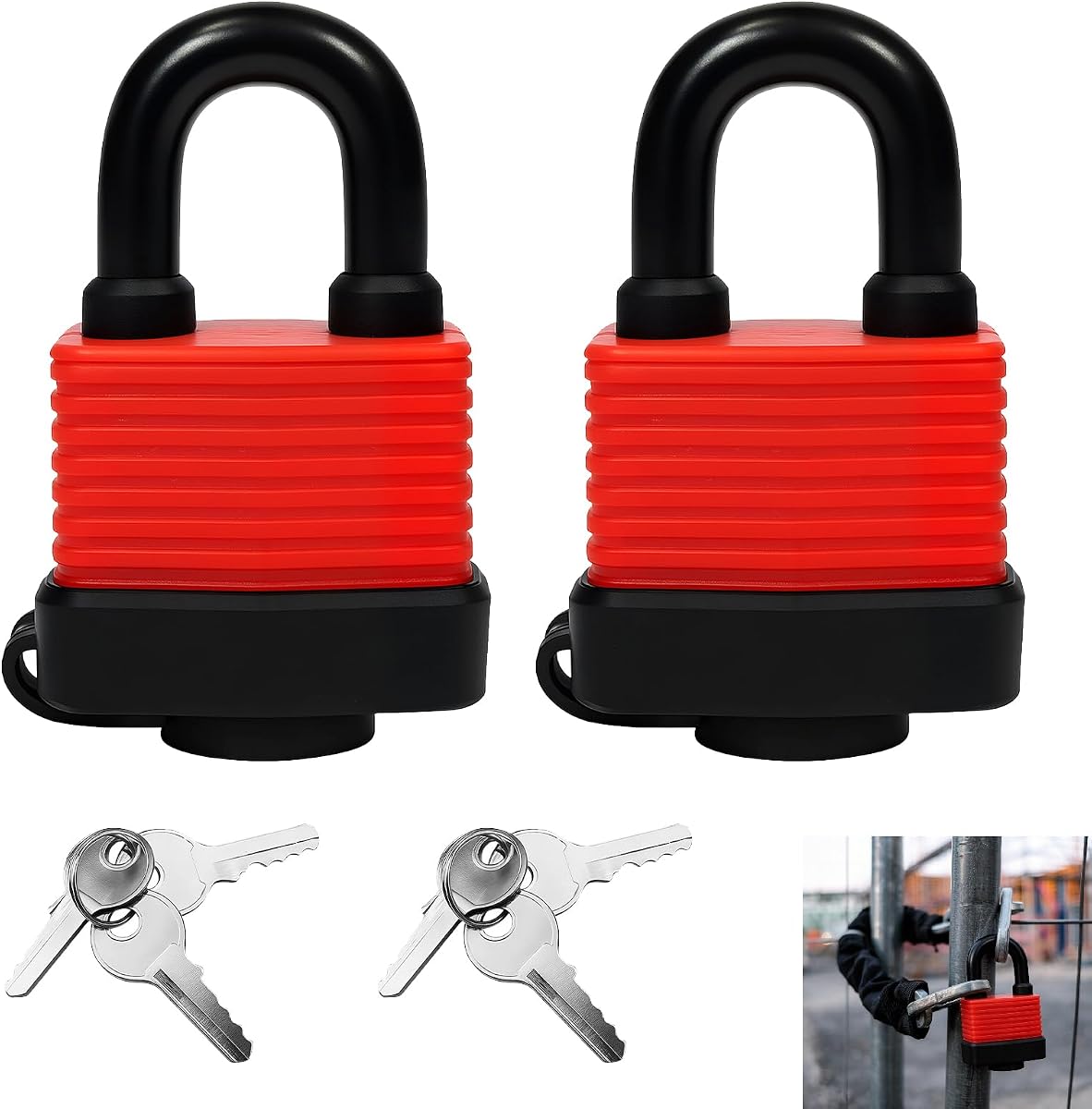 Fotografía técnica oficial de 2 Unidades Candado Impermeable, Candado Resistente Acero Laminado Agua con Llave Exterior Pack - Vista frontal con fondo blanco