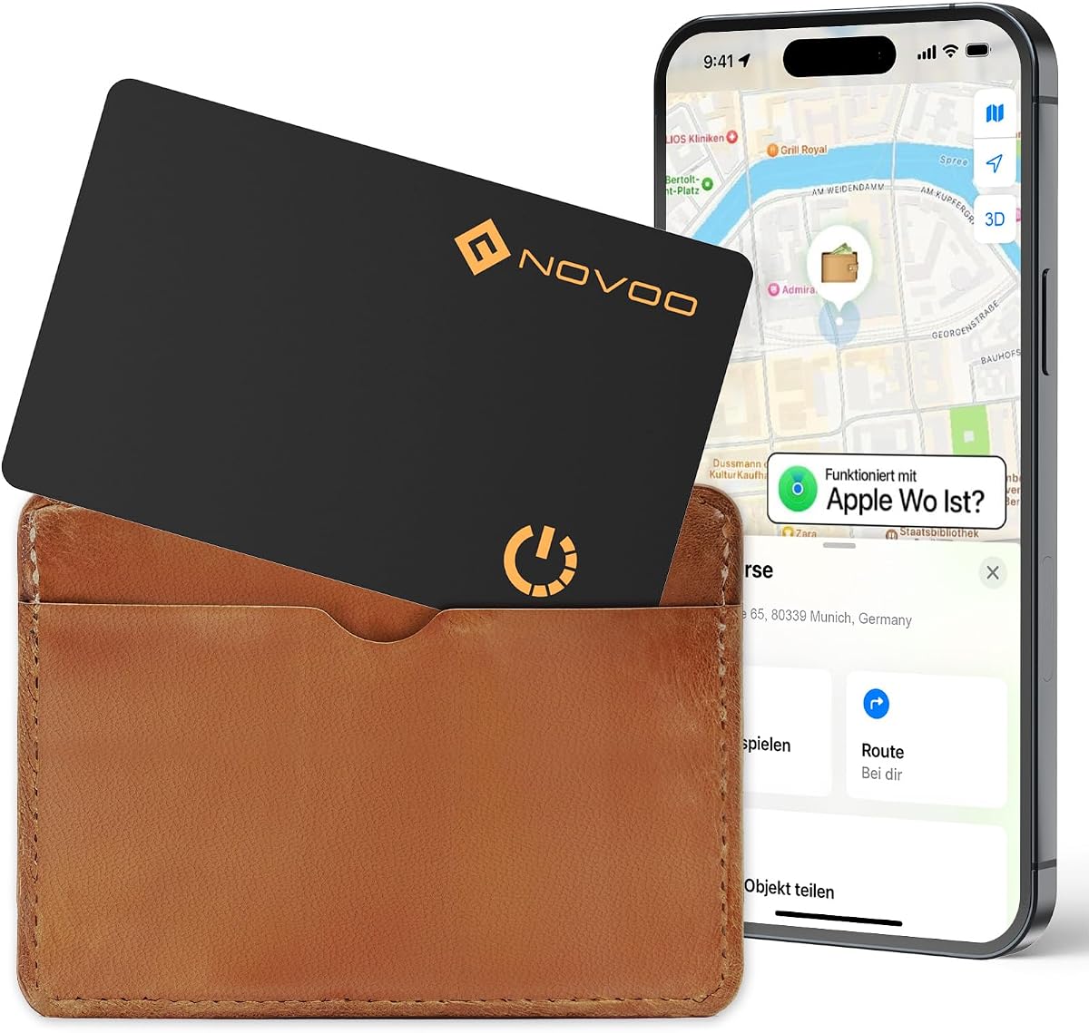 Fotografía técnica oficial de NOVOO Tarjeta rastreadora de carteras delgadas IP68 impermeable Air Smart Tag Card funciona - Vista frontal con fondo blanco