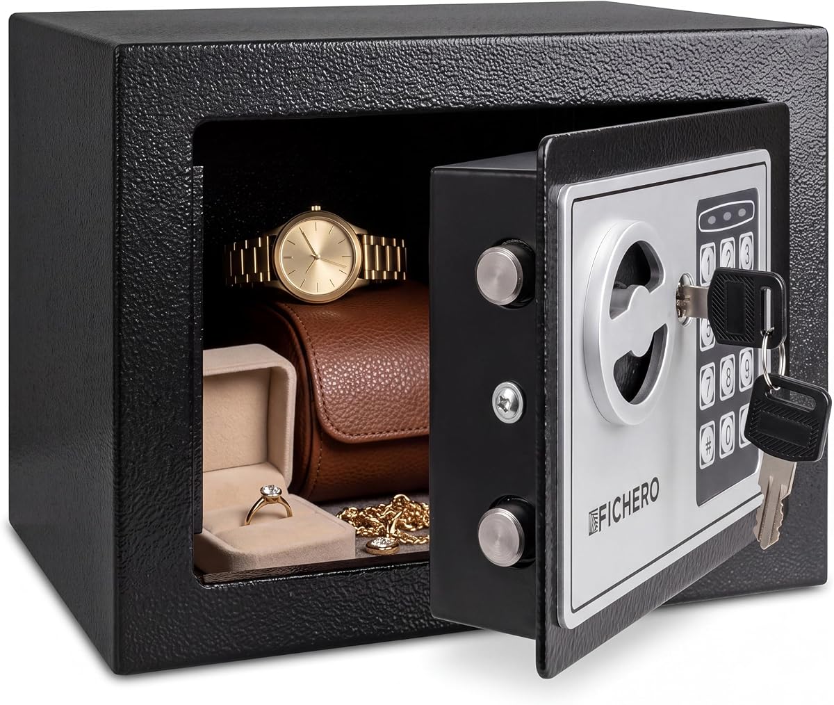 Ver especificaciones técnicas y precio actualizado de Silvergear® Caja Fuerte Pequeña con Código | 17x23x17cm | Negro | Cofre Electrónica Fotografía técnica oficial de Silvergear® Caja Fuerte Pequeña con Código | 17x23x17cm | Negro | Cofre Electrónica - Vista frontal con fondo blanco