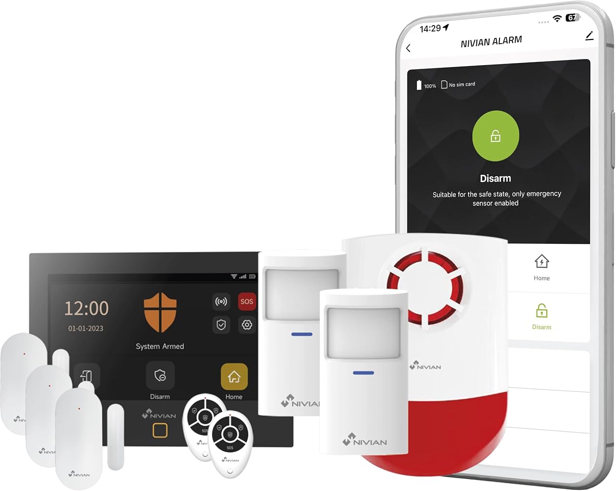 Ver especificaciones técnicas y precio actualizado de NIVIAN - Sistema de Alarma WiFi + gsm para Casa o Negocio Fotografía técnica oficial de NIVIAN - Sistema de Alarma WiFi + gsm para Casa o Negocio - Vista frontal con fondo blanco