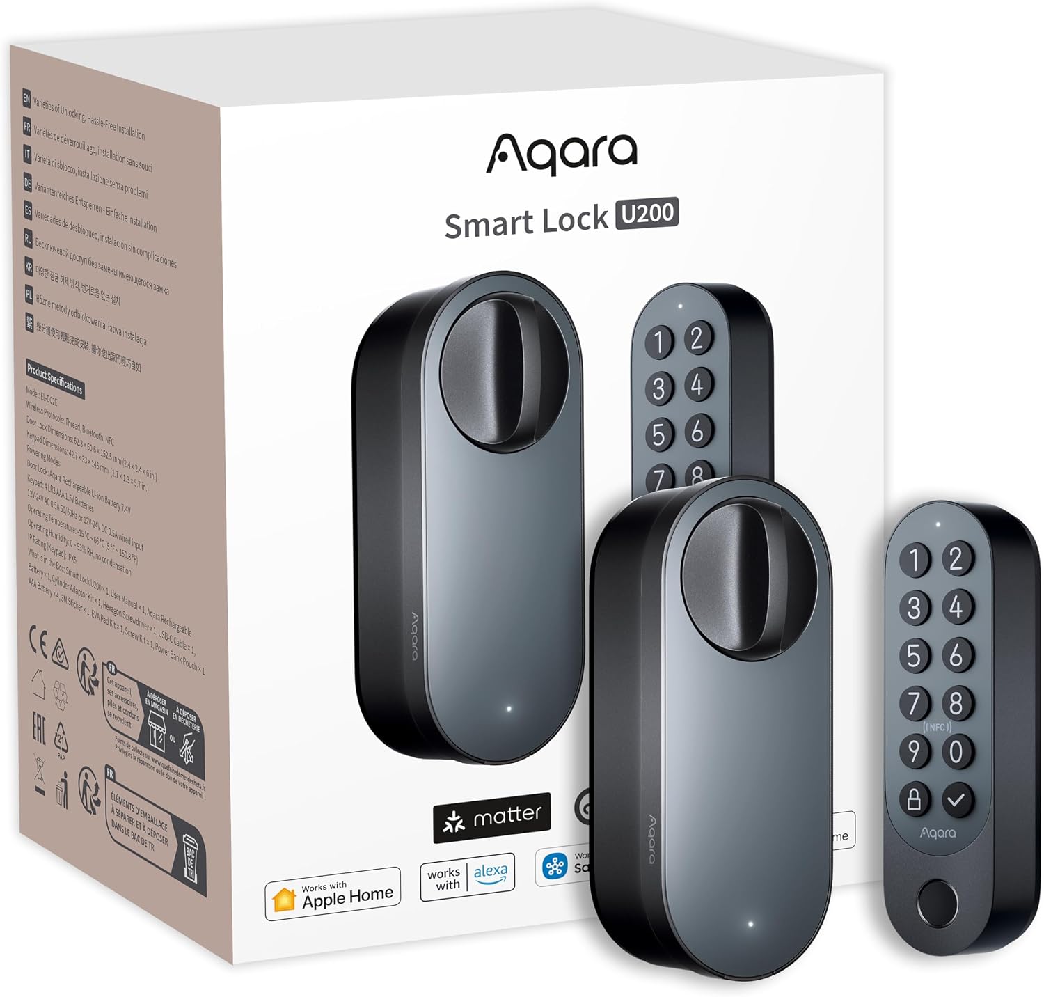 Ver especificaciones técnicas y precio actualizado de Aqara Smart Lock U200 con Teclado de Huella y Soporte Matter sobre Thread Fotografía técnica oficial de Aqara Smart Lock U200 con Teclado de Huella y Soporte Matter sobre Thread - Vista frontal con fondo blanco