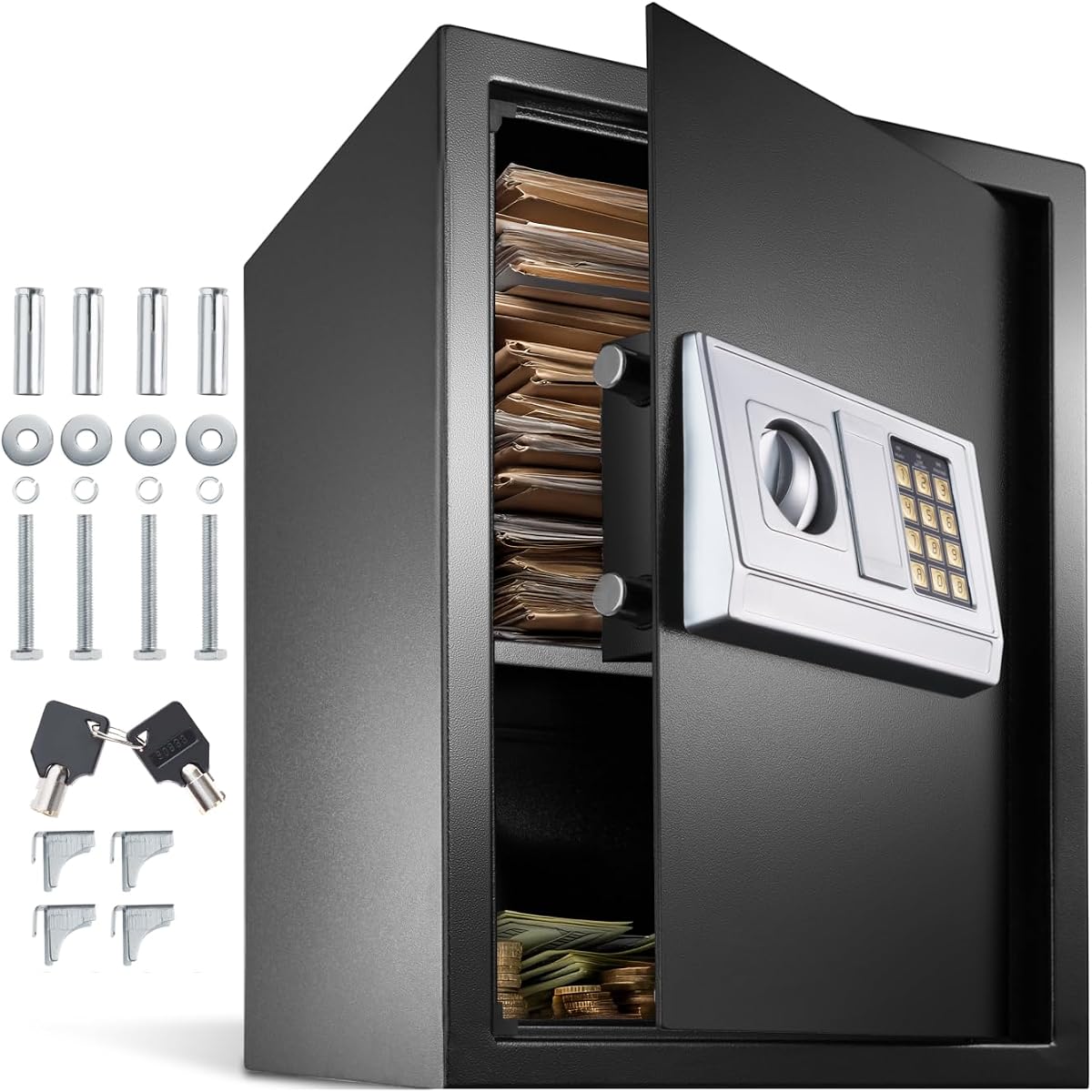 Ver especificaciones técnicas y precio actualizado de tectake® Caja Fuerte Pequeña con Cerradura Electronica, Sistema de Bloqueo de Doble Perno Fotografía técnica oficial de tectake® Caja Fuerte Pequeña con Cerradura Electronica, Sistema de Bloqueo de Doble Perno - Vista frontal con fondo blanco