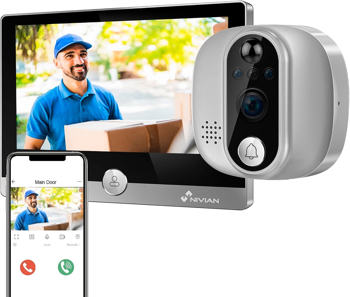 Ver especificaciones técnicas y precio actualizado de NIVIAN Mirilla Digital WiFi - Cámara vídeo Full HD con Batería y Timbre Fotografía técnica oficial de NIVIAN Mirilla Digital WiFi - Cámara vídeo Full HD con Batería y Timbre - Vista frontal con fondo blanco