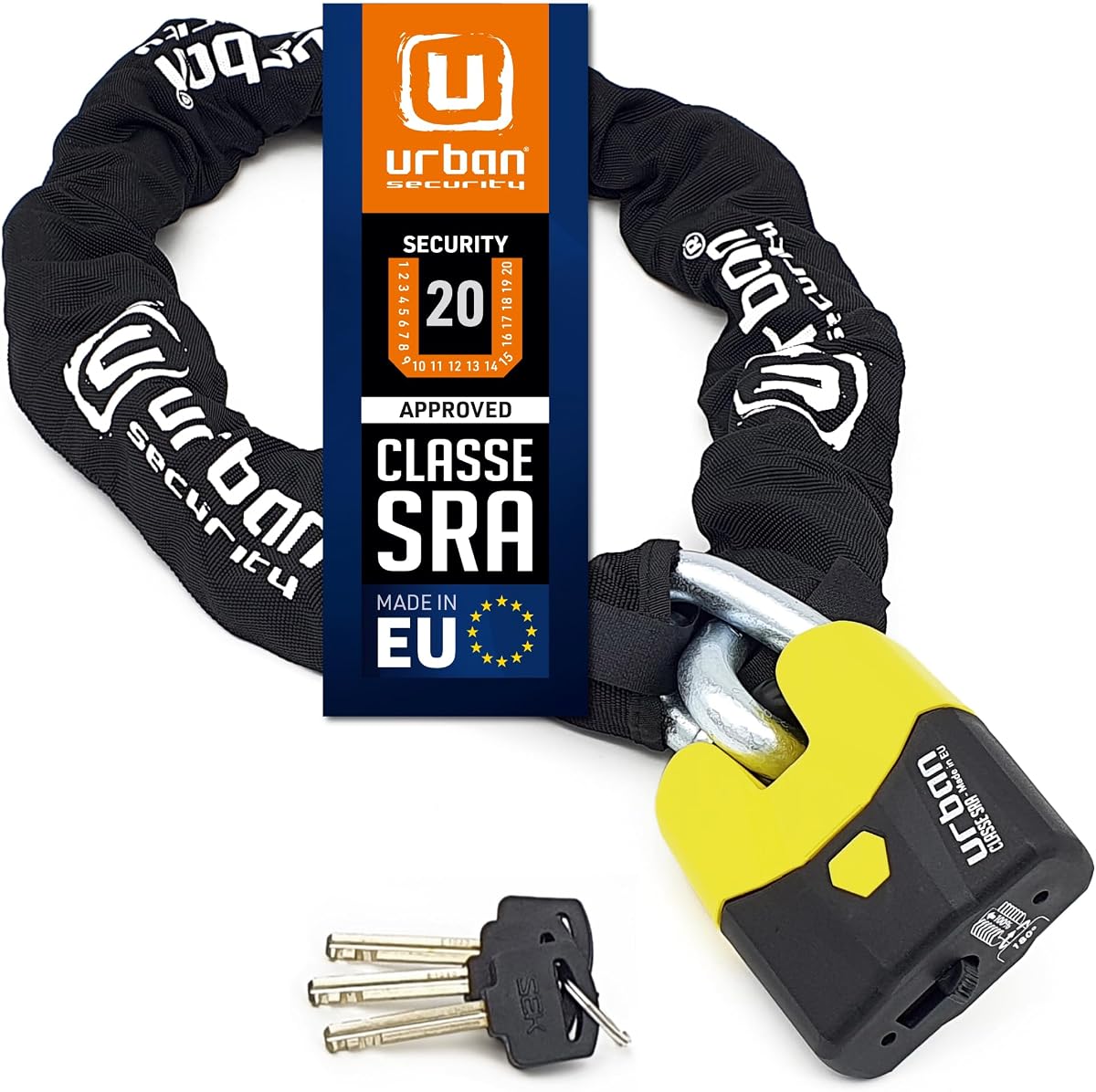 Fotografía técnica oficial de URBAN U8K120 Candado Moto Cadena Antirrobo, Homologación SRA Alta Seguridad, Acero Endurecido ø15 - Vista frontal con fondo blanco