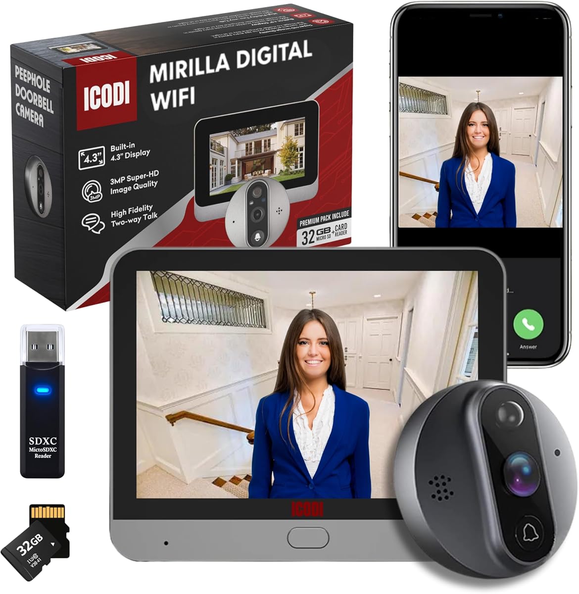Ver especificaciones técnicas y precio actualizado de ICODI Mirilla Digital Puerta WiFi Grabadora, Pack Premium 3MP Super-HD, Pantalla 4.3", 5200 Fotografía técnica oficial de ICODI Mirilla Digital Puerta WiFi Grabadora, Pack Premium 3MP Super-HD, Pantalla 4.3", 5200 - Vista frontal con fondo blanco