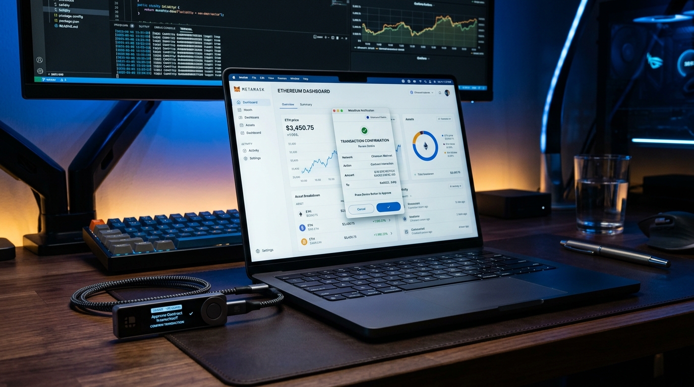 Leer artículo completo: Ecosistema de Apps para Hardware Wallets: Cómo Conectar tu Billetera con MetaMask, Rabby, Phantom y Sparrow sin Revelar Claves (2026) Conexión de hardware wallet a ordenador portátil con MetaMask, Rabby y Sparrow Wallet para firma Web3 en frío