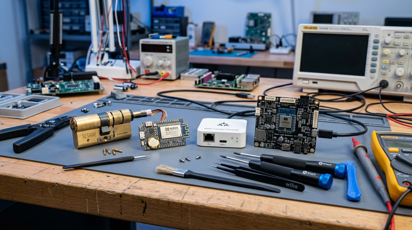 Leer artículo completo: Análisis Técnico: Matter over Thread vs Zigbee vs Bluetooth en Cerraduras Inteligentes Banco de pruebas técnico con chips Nordic Thread, gateway Matter y cerradura inteligente