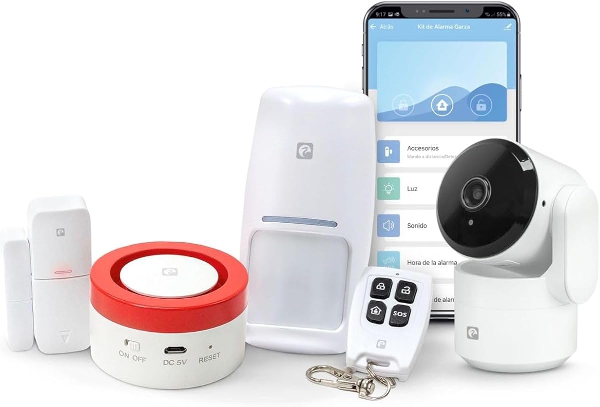 Fotografía técnica oficial de Garza Smart - Kit Sistema de Alarma y Seguridad Inteligente Wifi 2,4 GHz - Vista frontal con fondo blanco