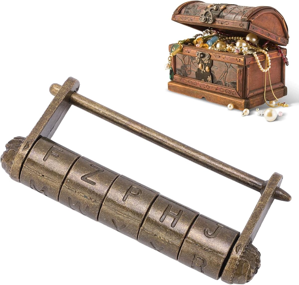 Ver especificaciones técnicas y precio actualizado de Cerradura de contraseña vintage con diseño direccional, candado combinación letras en aleación zinc Fotografía técnica oficial de Cerradura de contraseña vintage con diseño direccional, candado combinación letras en aleación zinc - Vista frontal con fondo blanco