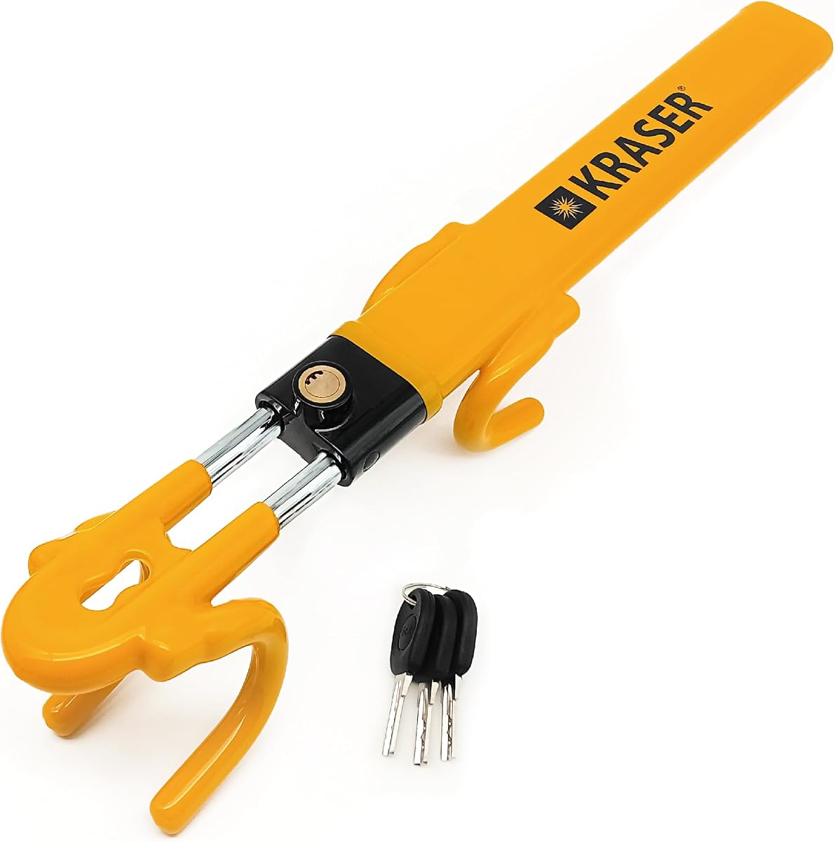 Ver especificaciones técnicas y precio actualizado de KRASER KR842Y Antirrobo Coche, Alta Seguridad, Bloqueo Volante de Doble Barra, Más Robusto Fotografía técnica oficial de KRASER KR842Y Antirrobo Coche, Alta Seguridad, Bloqueo Volante de Doble Barra, Más Robusto - Vista frontal con fondo blanco