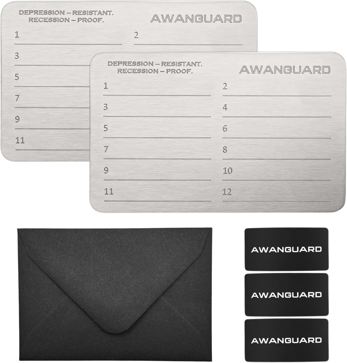 Ver especificaciones técnicas y precio actualizado de Monedero de Acero AWANGUARD Crypto - 2x24 SEED Phrase Placas de Acero Inoxidable Fotografía técnica oficial de Monedero de Acero AWANGUARD Crypto - 2x24 SEED Phrase Placas de Acero Inoxidable - Vista frontal con fondo blanco