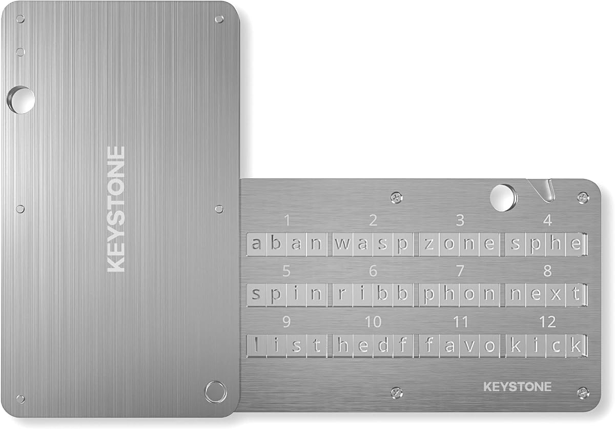 Fotografía técnica oficial de KEYSTONE Crypto Seed Storage, Crypto Capsule Metal Wallet, Cold Storage Backup, 24 Words - Vista frontal con fondo blanco