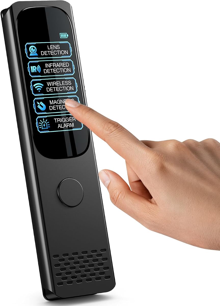 Ver especificaciones técnicas y precio actualizado de Detector de Cámaras Ocultas 6 en 1 con Pantalla Táctil y Análisis IA Fotografía técnica oficial de Detector de Cámaras Ocultas 6 en 1 con Pantalla Táctil y Análisis IA - Vista frontal con fondo blanco