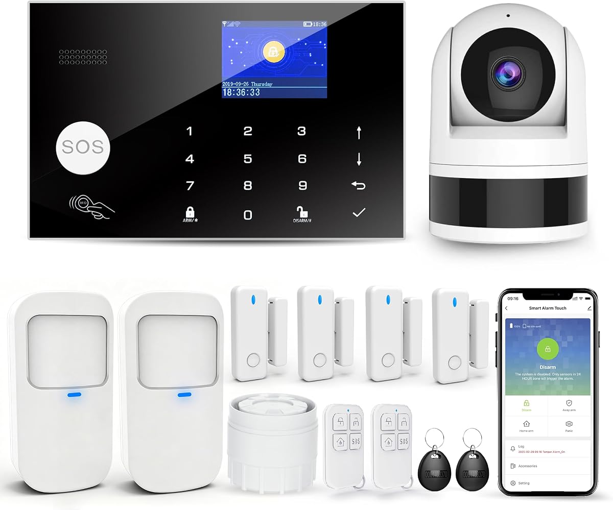 Fotografía técnica oficial de Sistema de Alarma doméstica con Cámara, Kit de Alarma Casa WiFi + gsm - Vista frontal con fondo blanco