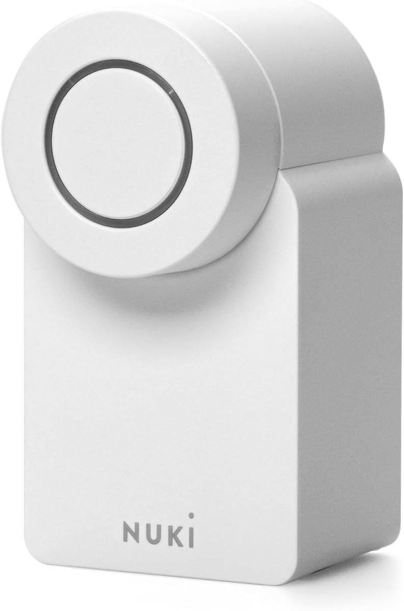 Fotografía técnica oficial de Nuki Smart Lock Go con Bluetooth & Matter, cerradura inteligente que convierte tu - Vista frontal con fondo blanco