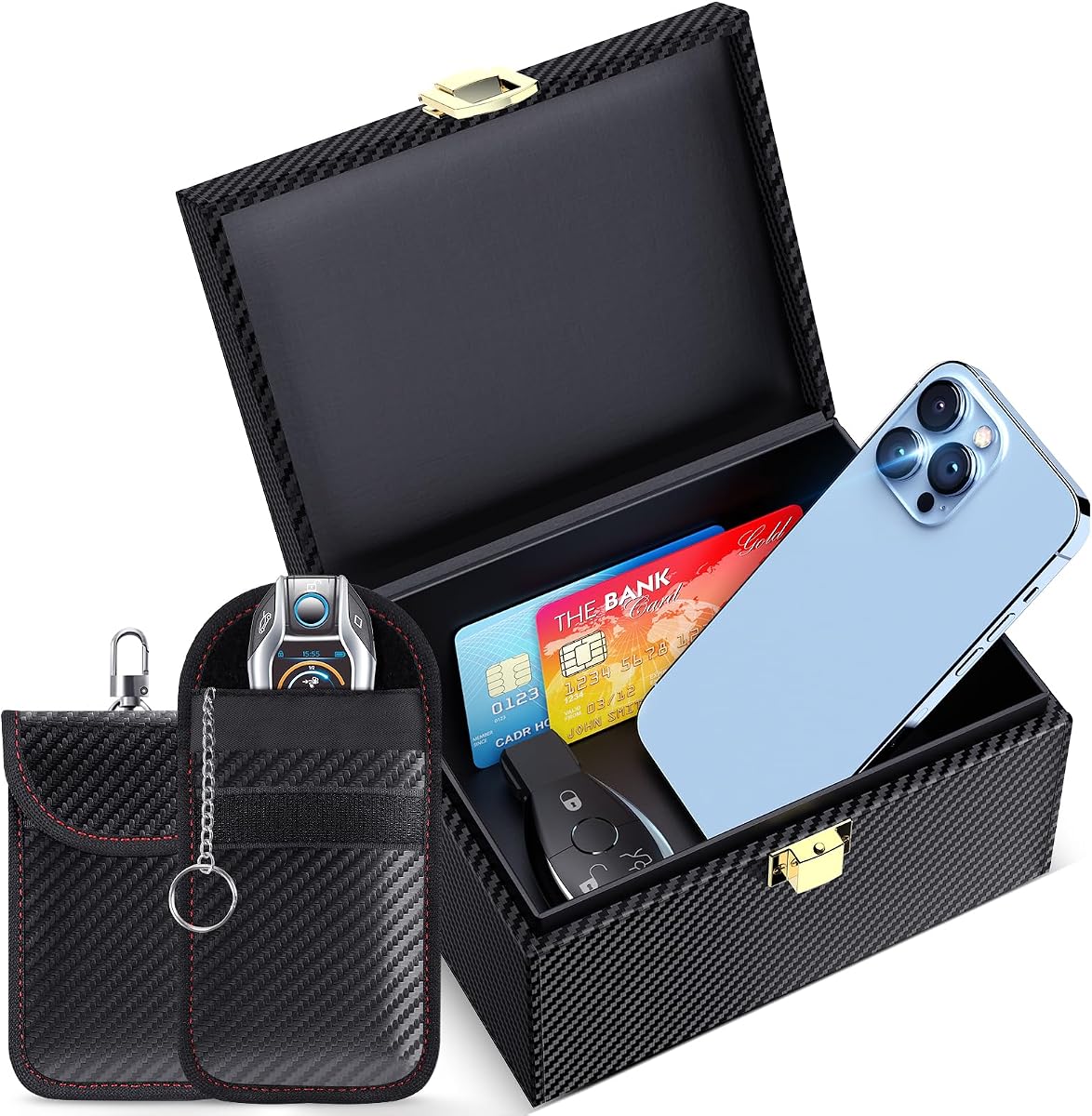 Ver especificaciones técnicas y precio actualizado de Caja Faraday Antirrobo & 2 funda Faraday para Llaves de Coche, Bloqueadora Fotografía técnica oficial de Caja Faraday Antirrobo & 2 funda Faraday para Llaves de Coche, Bloqueadora - Vista frontal con fondo blanco