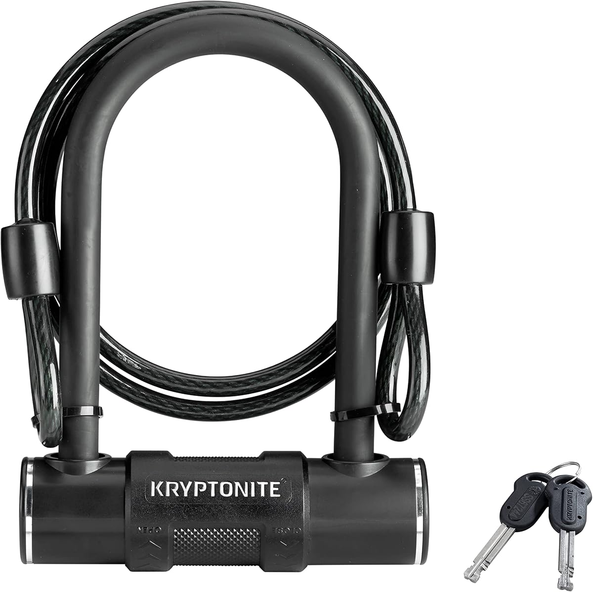 Fotografía técnica oficial de Kryptonite - Candado en U para bicicleta con cable de acero trenzado, candado - Vista frontal con fondo blanco