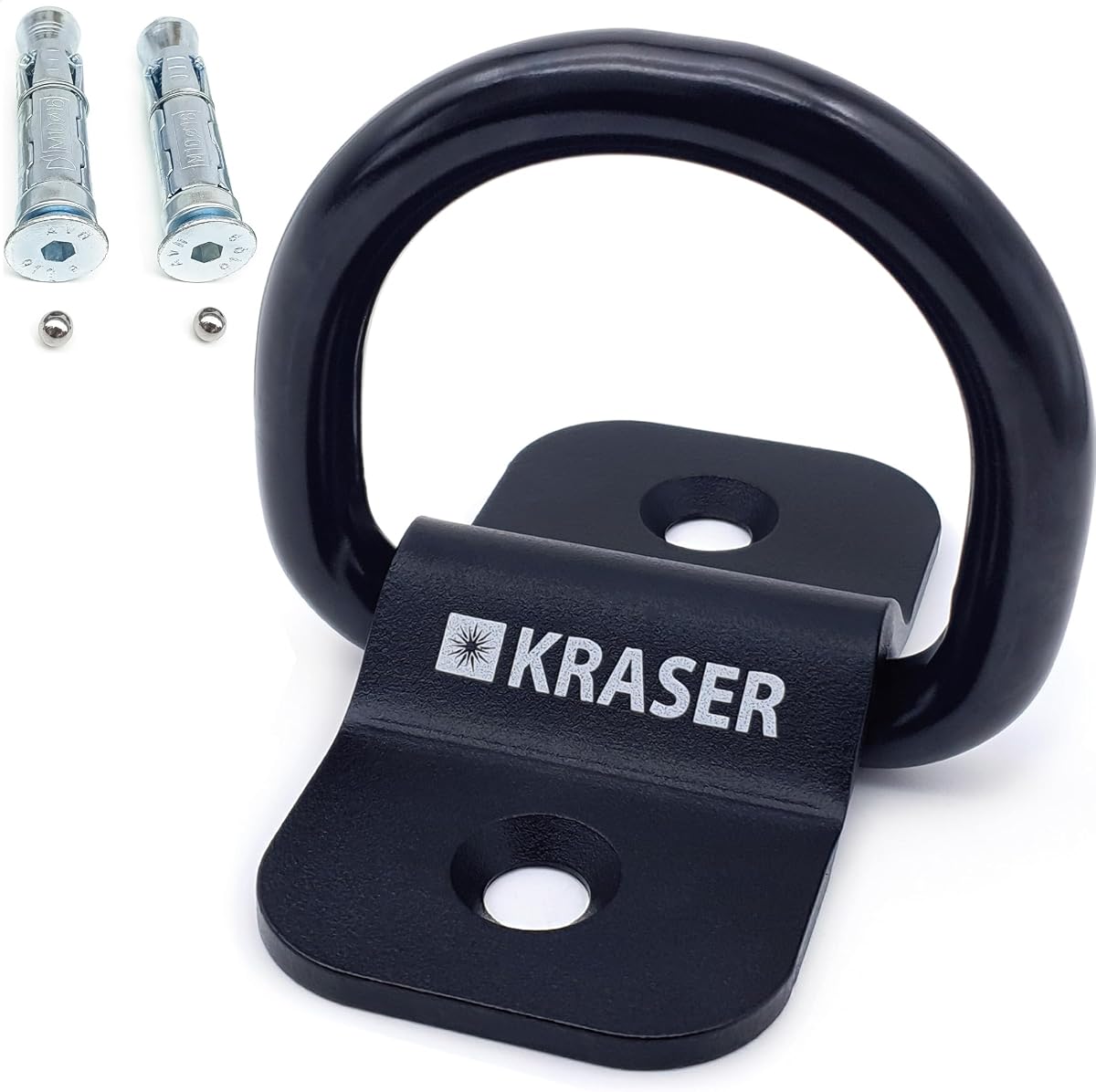 Fotografía técnica oficial de KRASER KR802 Anclaje Suelo Moto con Anilla Basculante ø14, Compacto y Robusto - Vista frontal con fondo blanco