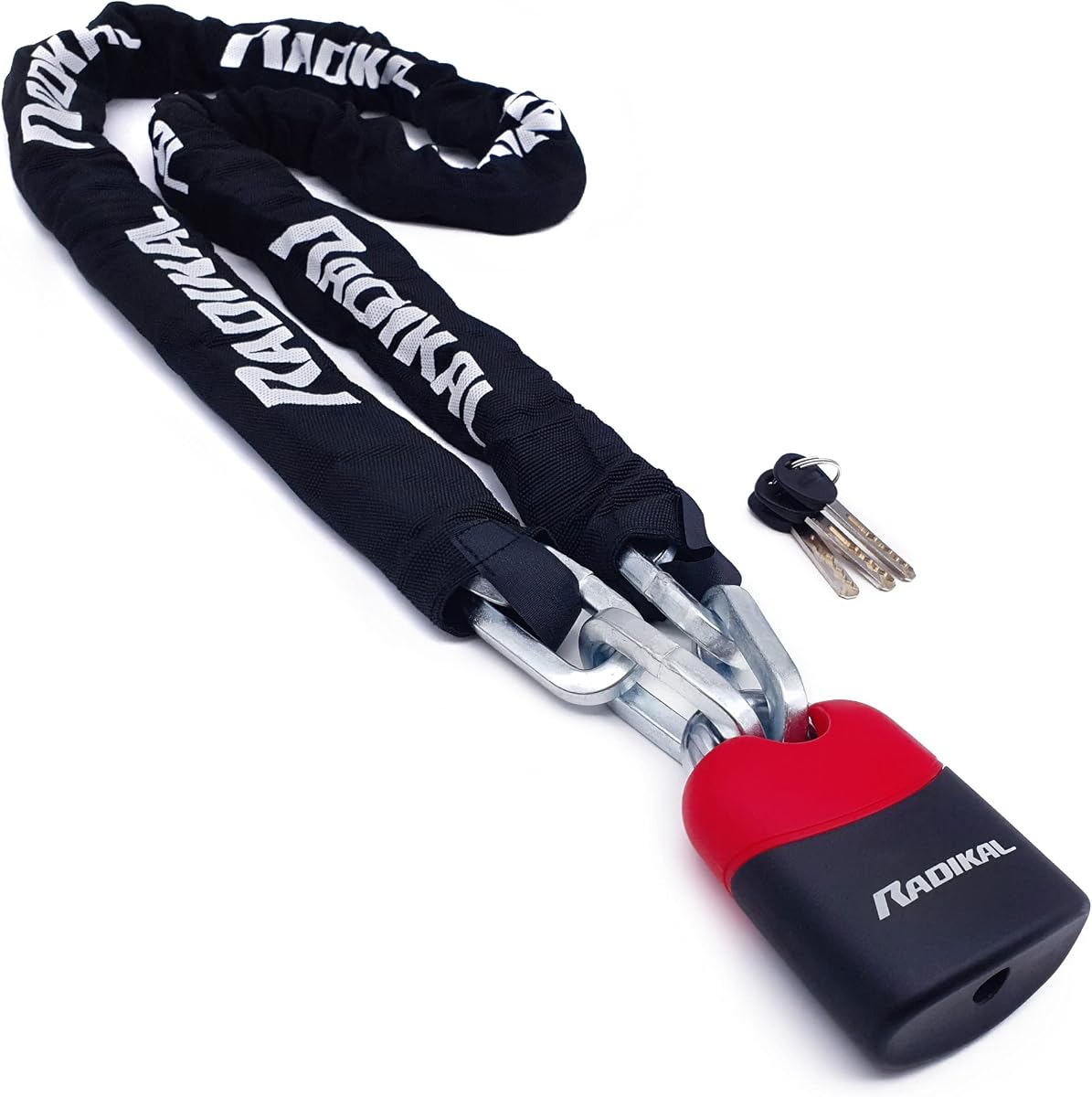 Ver especificaciones técnicas y precio actualizado de RADIKAL RK4170 Candado Moto Cadena Antirrobo, Acero cementado Alta Seguridad ø10, Candado Bici Fotografía técnica oficial de RADIKAL RK4170 Candado Moto Cadena Antirrobo, Acero cementado Alta Seguridad ø10, Candado Bici - Vista frontal con fondo blanco