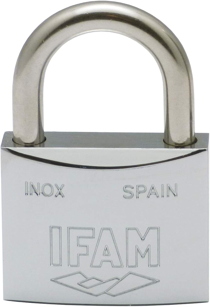 Fotografía técnica oficial de IFAM Inox40 llaves iguales – Candado inoxidable, 40mm, arco normal de acero inoxidable - Vista frontal con fondo blanco