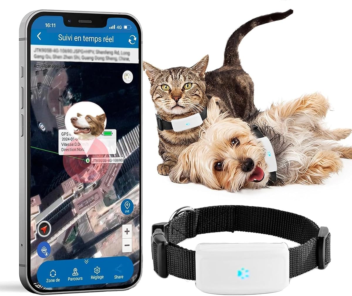 Fotografía técnica oficial de Zeerkeer Localizador GPS Perros y Gatos con App y Collar para Mascotas - Vista frontal con fondo blanco
