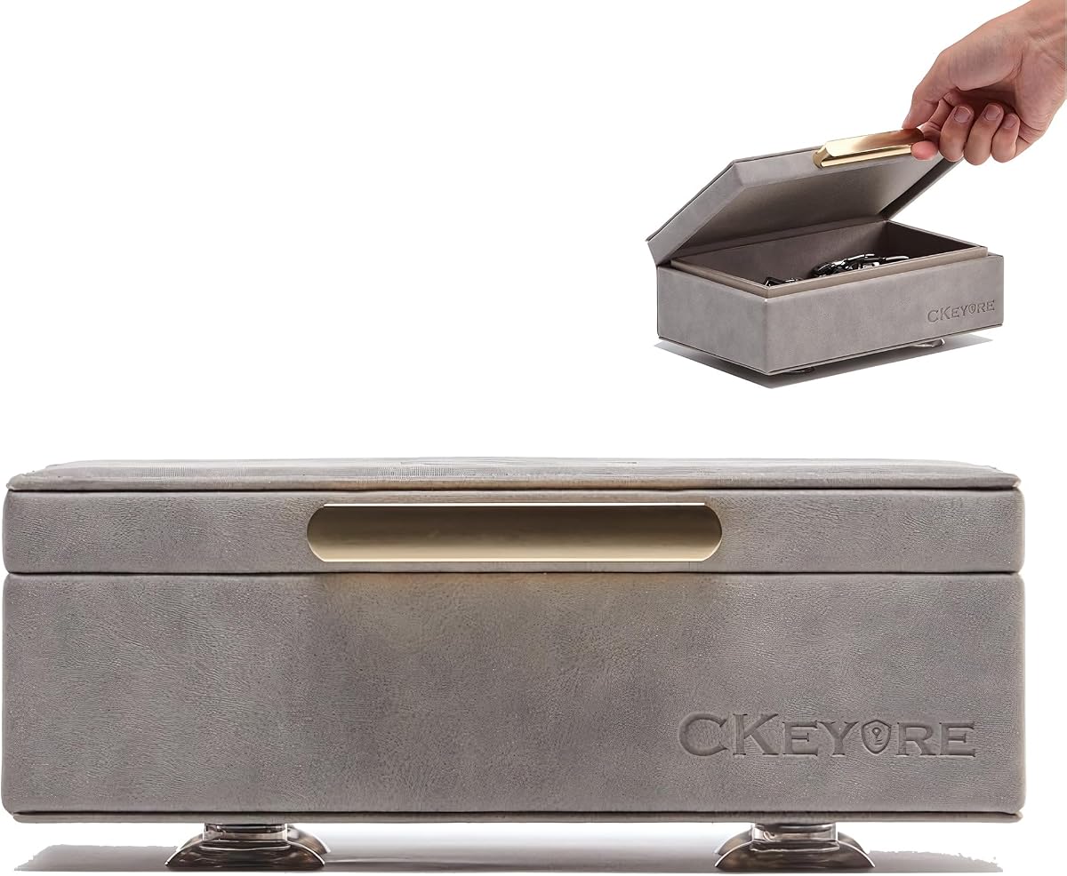 Fotografía técnica oficial de CKEYURE - Caja de llaves Faraday para llaves de coche, caja bloqueadora - Vista frontal con fondo blanco