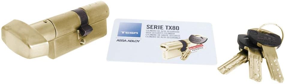 Fotografía técnica oficial de Tesa Assa Abloy, TX8B3030L, Cilindro de Alta Seguridad, TX80, Doble Embrague, Leva Larga - Vista frontal con fondo blanco