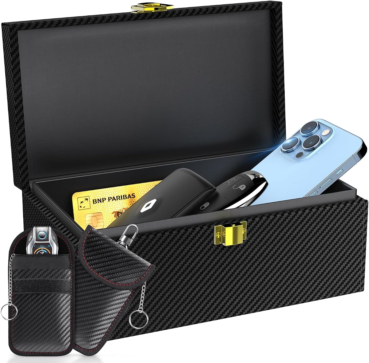 Ver especificaciones técnicas y precio actualizado de lanpard Caja Faraday con funda Faraday 2 piezas, protección segura para llaves Fotografía técnica oficial de lanpard Caja Faraday con funda Faraday 2 piezas, protección segura para llaves - Vista frontal con fondo blanco