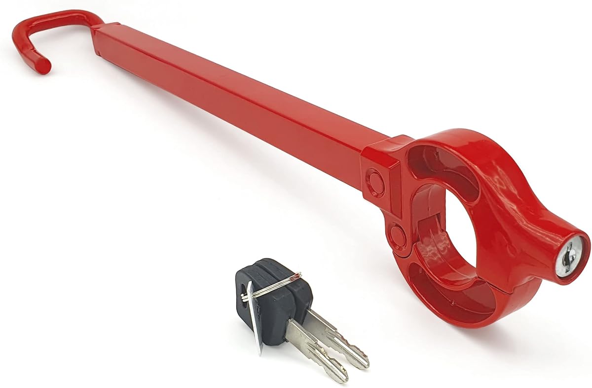 Fotografía técnica oficial de 571/B Barra Antirrobo Coche Volante Pedal Original, Rojo Visible Más Disuasorio, Cierre Seguridad - Vista frontal con fondo blanco