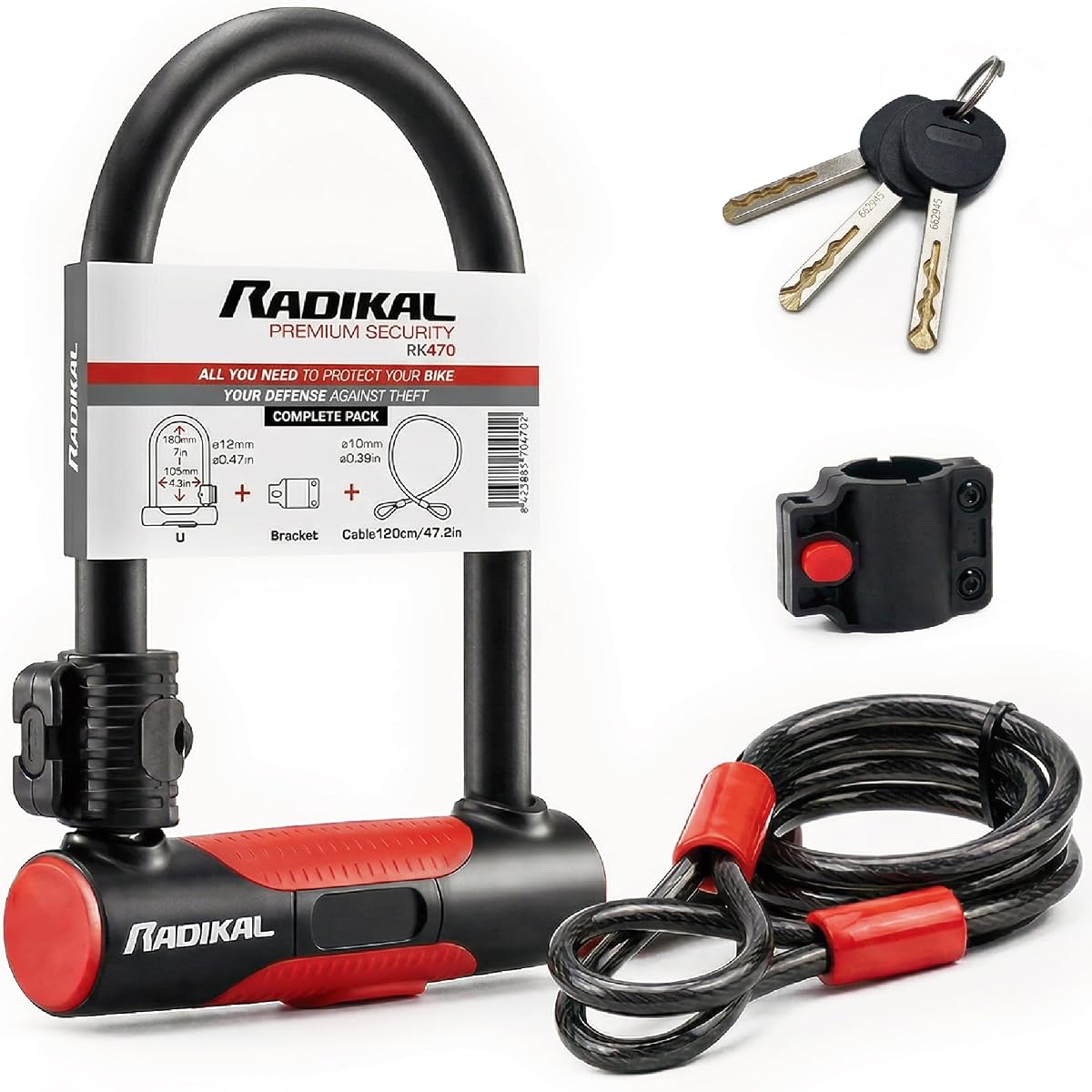 Ver especificaciones técnicas y precio actualizado de RADIKAL RK470 Candado Bicicleta en U con Cable 120cm, Antirrobo Bicicleta Acero Endurecido Fotografía técnica oficial de RADIKAL RK470 Candado Bicicleta en U con Cable 120cm, Antirrobo Bicicleta Acero Endurecido - Vista frontal con fondo blanco