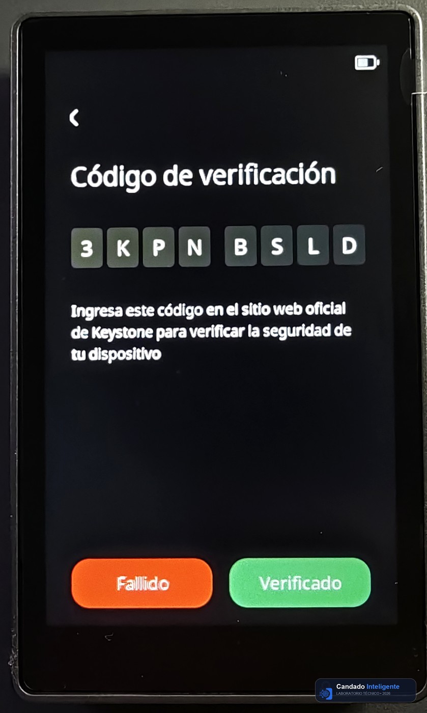 Pantalla de verificación de autenticidad en la Keystone 3 Pro durante nuestras pruebas en el laboratorio con el código de comprobación WebUSB