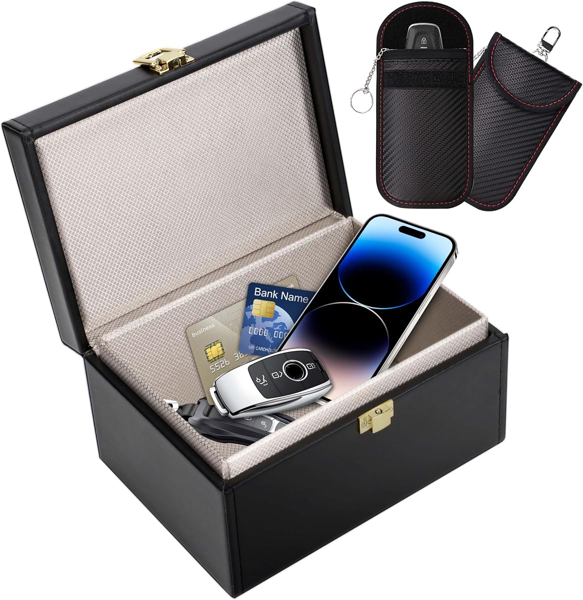 Fotografía técnica oficial de Caja Faraday Antirrobo & 2 Funda Faraday para Llaves de Coche, Caja PU - Vista frontal con fondo blanco