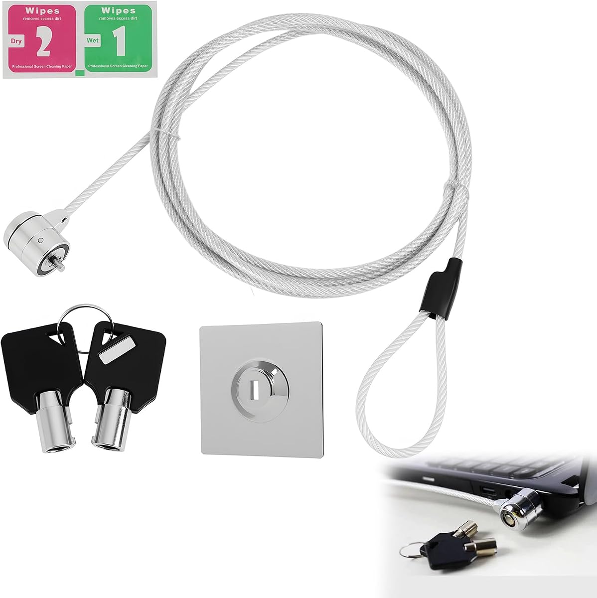 Fotografía técnica oficial de Candado de Seguridad para Portátiles con Cable de Acero de 2m y Llave - Vista frontal con fondo blanco