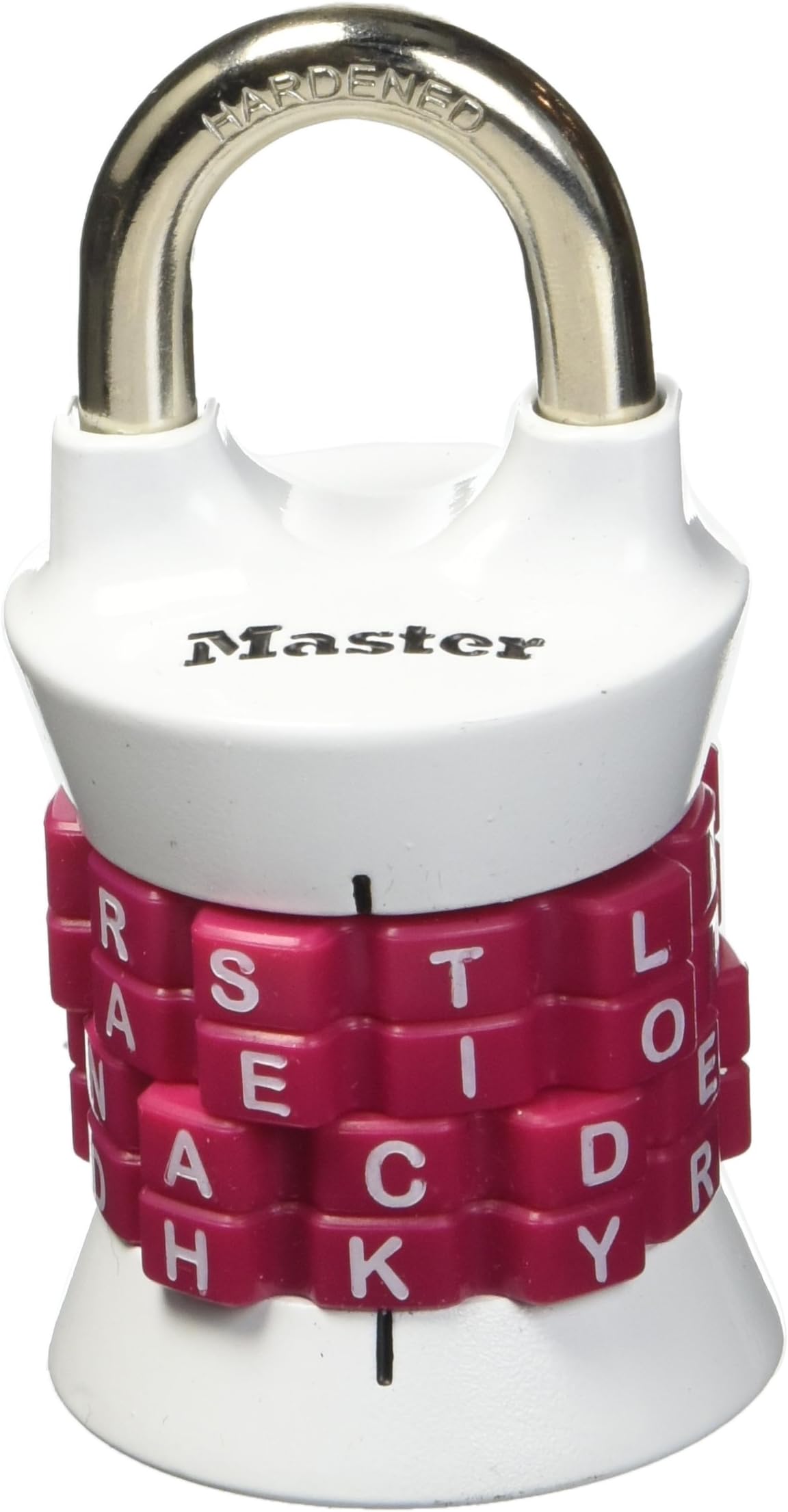 Ver especificaciones técnicas y precio actualizado de Master Lock 1535DWD Candado de Combinación de Palabras y Letras Personalizable Fotografía técnica oficial de Master Lock 1535DWD Candado de Combinación de Palabras y Letras Personalizable - Vista frontal con fondo blanco