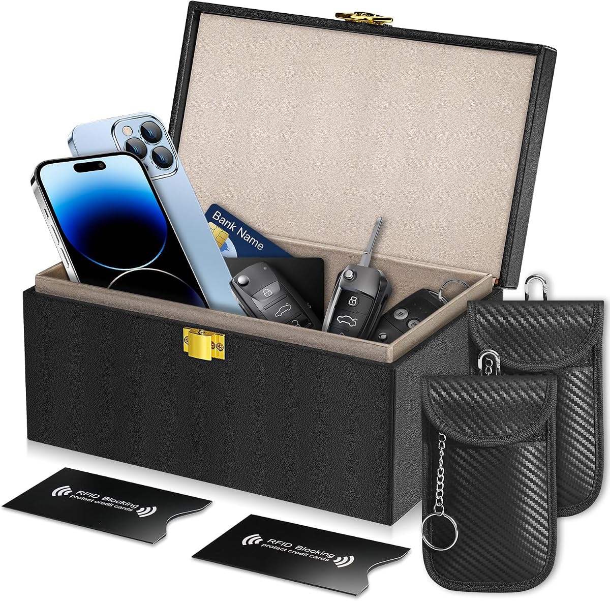 Fotografía técnica oficial de RealPlus | Extra Grande | Caja de Faraday para Llaves de Coche - Vista frontal con fondo blanco