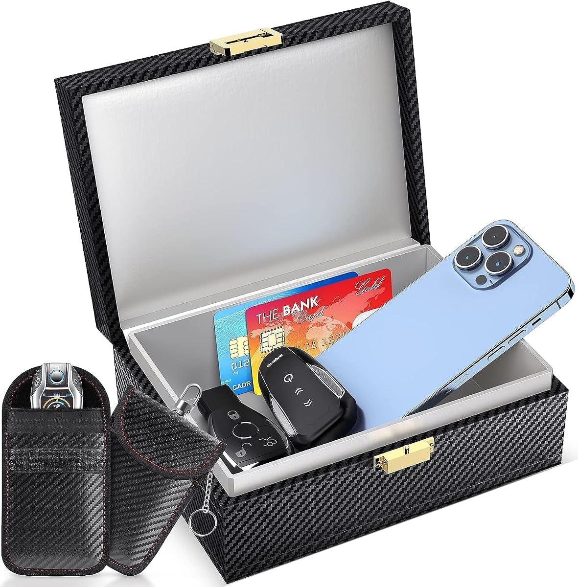 Fotografía técnica oficial de lanpard Caja Faraday Antirrobo & 2 funda Faraday para Llaves de Coche, Bloqueadora - Vista frontal con fondo blanco