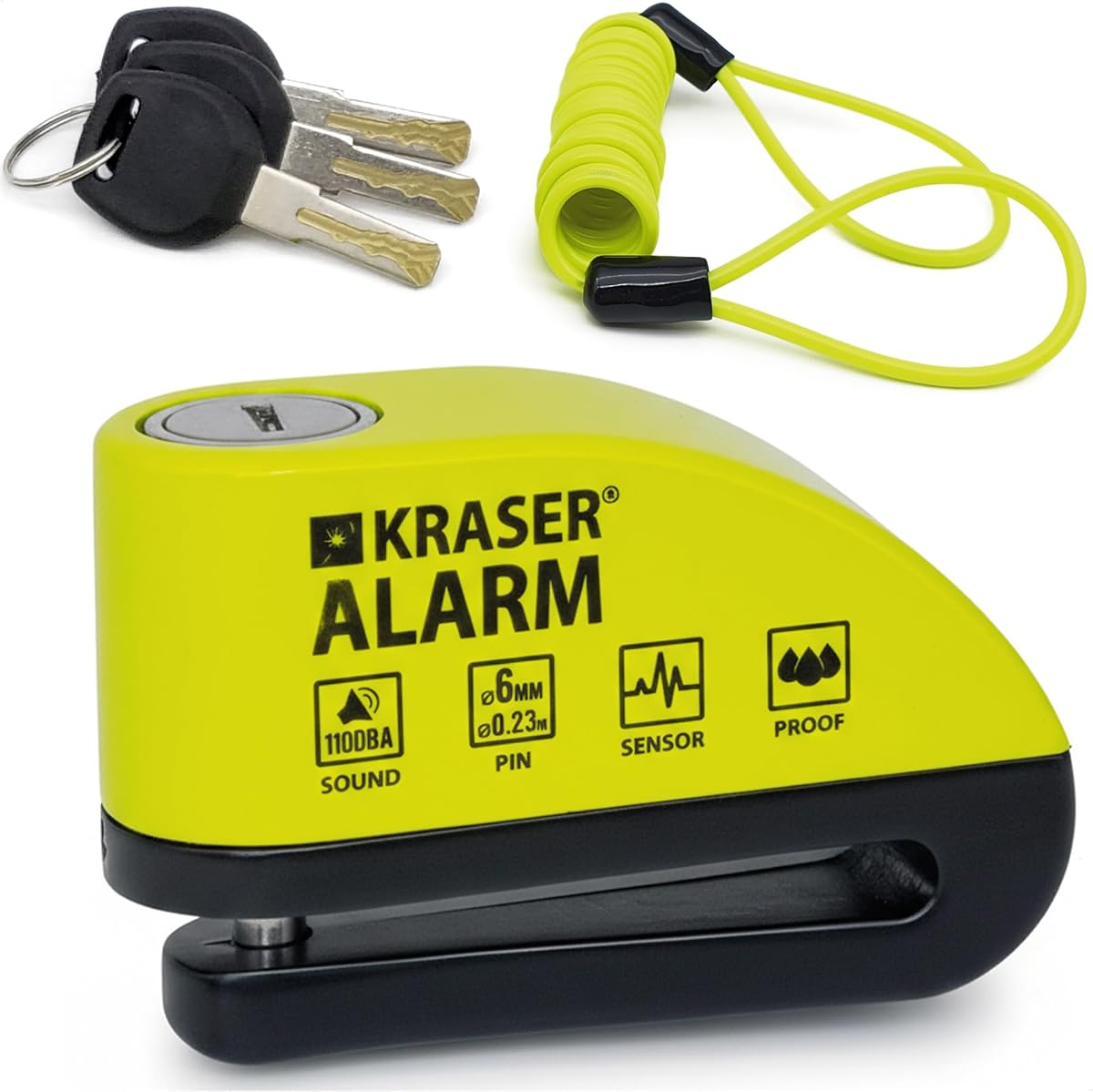 Ver especificaciones técnicas y precio actualizado de KRASER 6Y Candado Moto con Alarma 110dB, Antirrobo Disco Reforzado, 3 Llaves Alta Fotografía técnica oficial de KRASER 6Y Candado Moto con Alarma 110dB, Antirrobo Disco Reforzado, 3 Llaves Alta - Vista frontal con fondo blanco