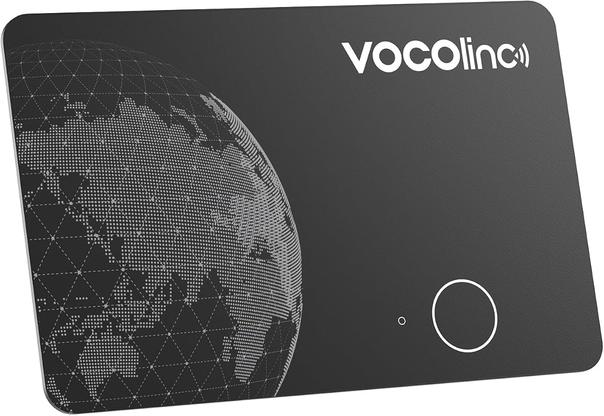 Fotografía técnica oficial de VOCOlinc Android Air Tag Card 1 Pack, Recargable Wallet Tracker Tarjeta 1.6mm Slim - Vista frontal con fondo blanco