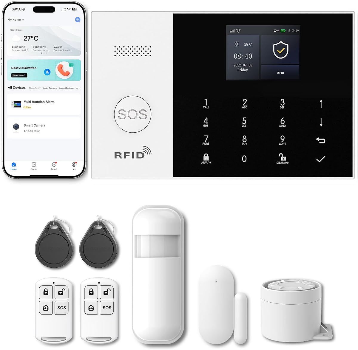 Fotografía técnica oficial de PGST Kit Sistema de Alarma Inteligente WiFi gsm para el hogar, Sirena 110 - Vista frontal con fondo blanco
