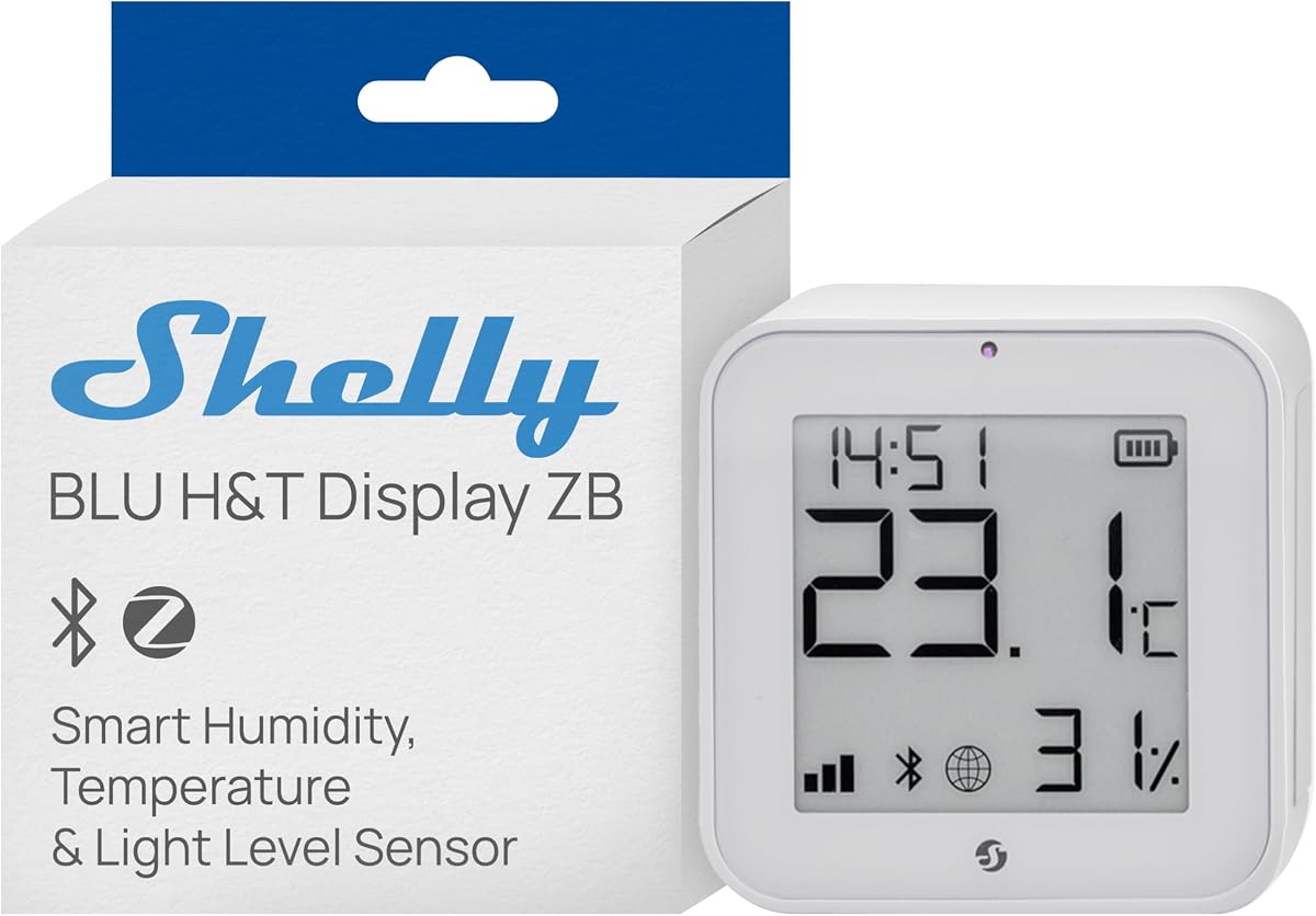 Ver especificaciones técnicas y precio actualizado de Shelly BLU H&T Display ZB Blanco – Sensor de temperatura y humedad inteligente Fotografía técnica oficial de Shelly BLU H&T Display ZB Blanco – Sensor de temperatura y humedad inteligente - Vista frontal con fondo blanco