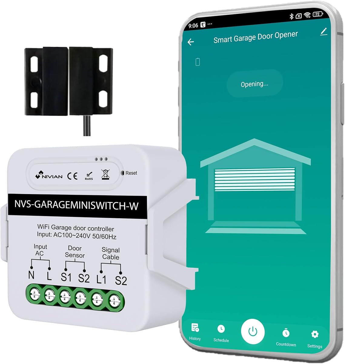Ver especificaciones técnicas y precio actualizado de NIVIAN Abridor puerta garaje WiFi Controlador inteligente para motor de Puerta de Garaje Fotografía técnica oficial de NIVIAN Abridor puerta garaje WiFi Controlador inteligente para motor de Puerta de Garaje - Vista frontal con fondo blanco
