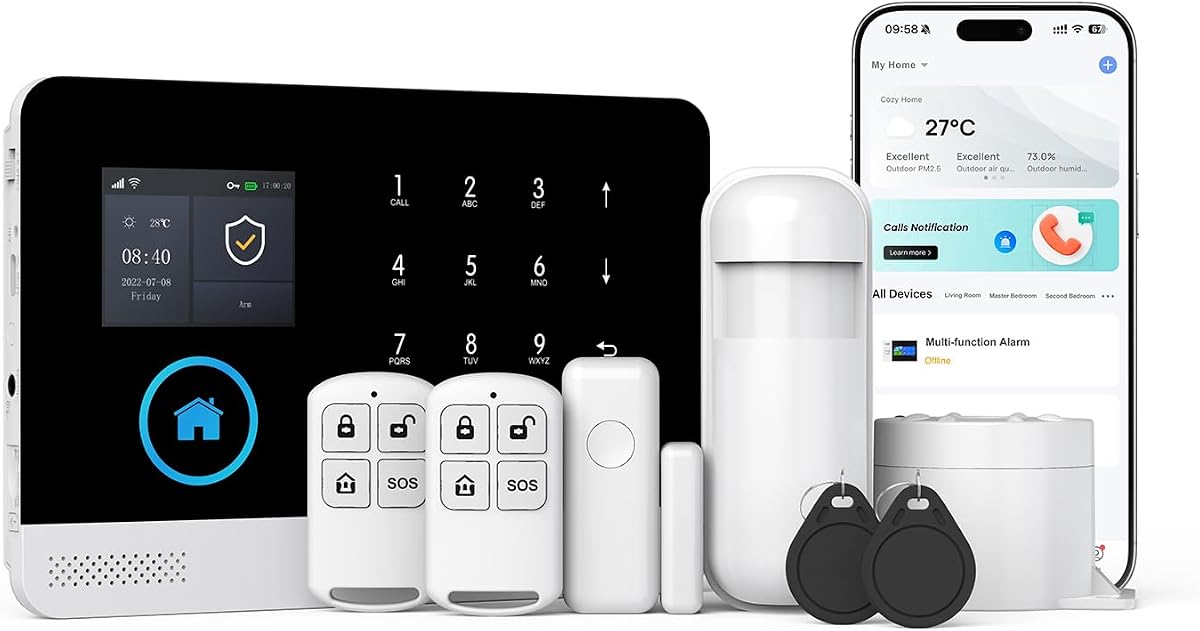 Fotografía técnica oficial de PGST Sistema de Alarma 2G gsm WiFi, Compatible con Control Remoto, Kit - Vista frontal con fondo blanco
