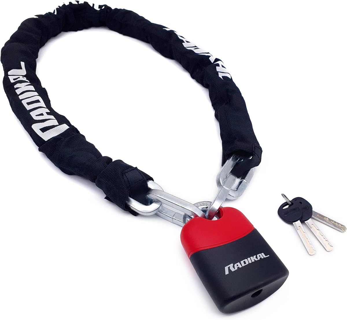 Ver especificaciones técnicas y precio actualizado de RADIKAL RK4120 Candado Moto Cadena Antirrobo, Acero cementado alta seguridad ø10, Candado Bici Fotografía técnica oficial de RADIKAL RK4120 Candado Moto Cadena Antirrobo, Acero cementado alta seguridad ø10, Candado Bici - Vista frontal con fondo blanco