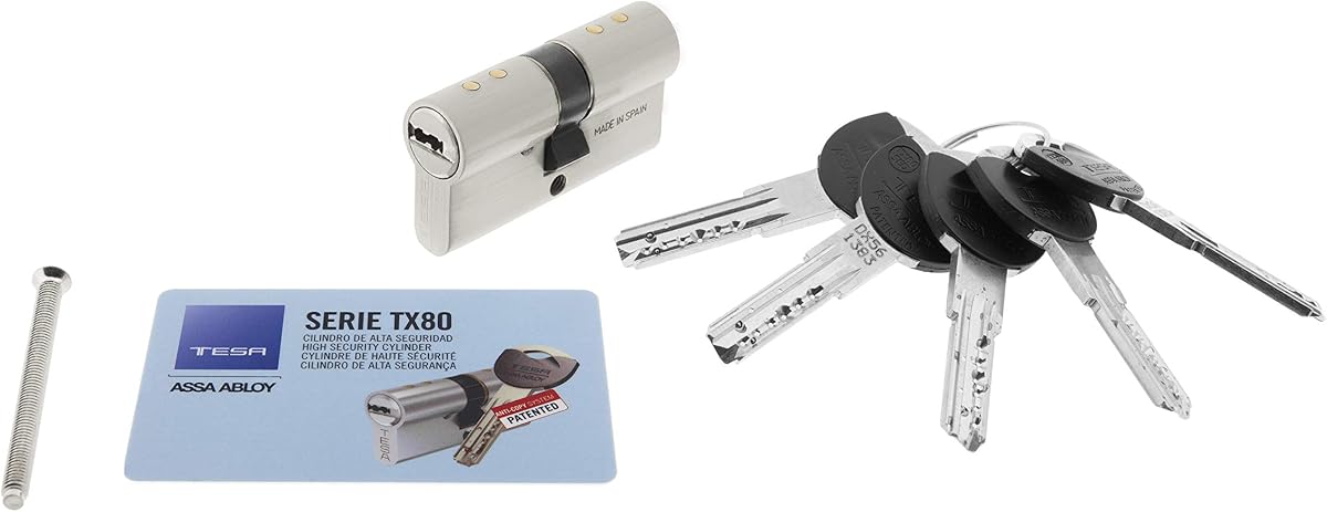 Fotografía técnica oficial de Tesa Assa Abloy, TX853035N, Cilindro de Alta Seguridad, TX80, Doble Embrague, Leva Larga - Vista frontal con fondo blanco
