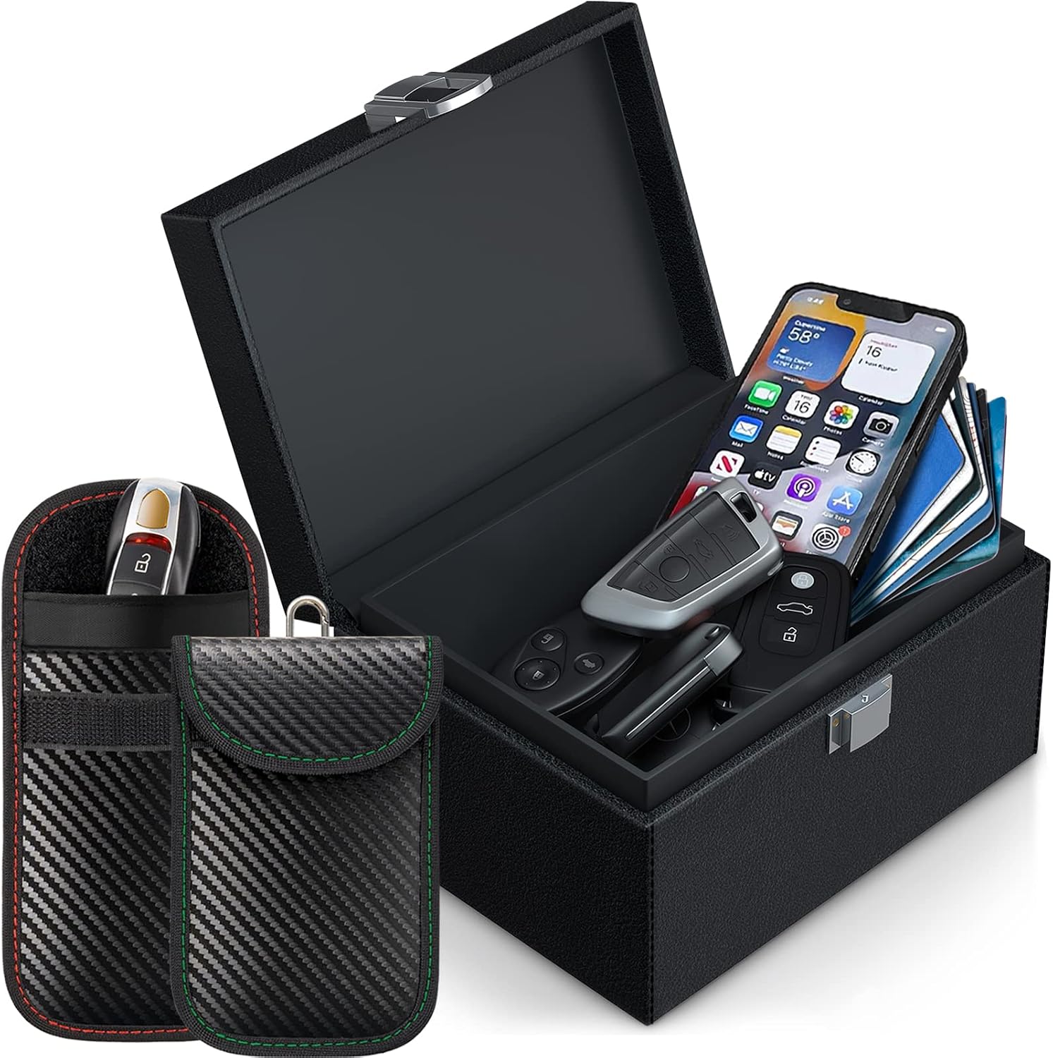 Fotografía técnica oficial de Todoxi Caja Faraday Antirrobo para Llaves de Coche con Doble Blindaje RFID y Bloqueo de Señal - Vista frontal con fondo blanco