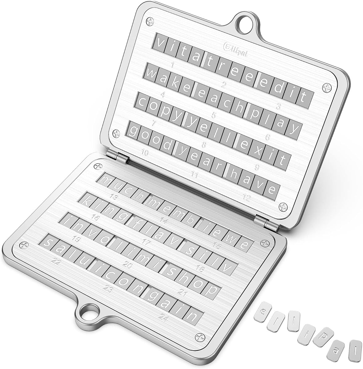 Fotografía técnica oficial de ELLIPAL Crypto Seed Phrase Storage, 316 Stainless Steel Metal Seed Phrase Storage with - Vista frontal con fondo blanco