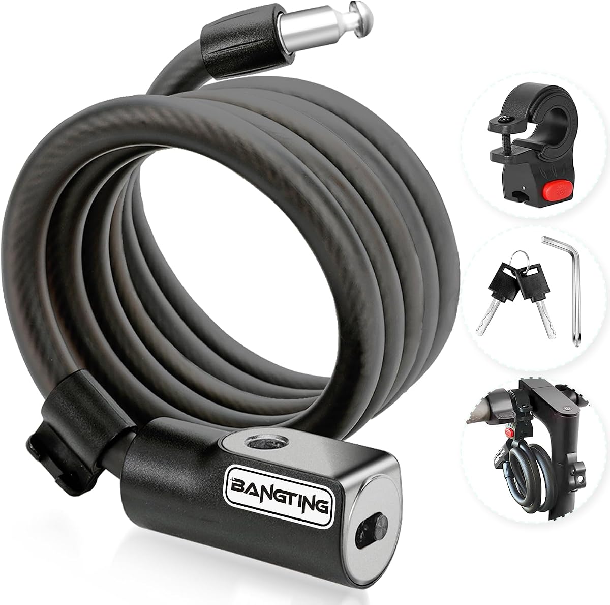 Fotografía técnica oficial de Bangting Candado para patinete eléctrico, 120 cm/12 mm, alta seguridad, cable con 2 - Vista frontal con fondo blanco