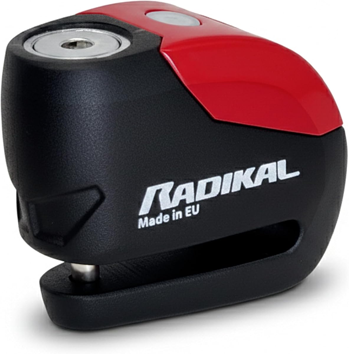 Fotografía técnica oficial de RADIKAL RK9 Candado Moto Disco | Alarma Premium 120db ON/OFF, Warning Pre-Alarma, Alerta - Vista frontal con fondo blanco