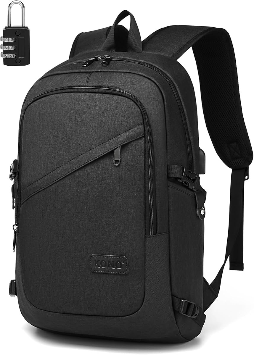 Fotografía técnica oficial de Kono Mochila Ordenador Portátil Antirrobo con Candado 15,6" Hombre, Negro | Puerto - Vista frontal con fondo blanco